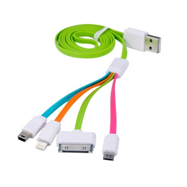 1-to-4 1M Colorful Flat USB Data Cable with Micro USB, Mini USB, 8-pin & 30-pin Interface (Green)