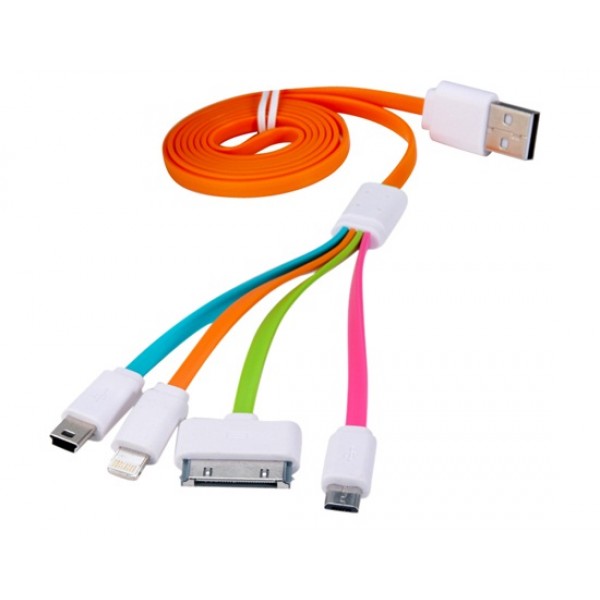 1-to-4 1M Colorful Flat USB Data Cable with Micro USB, Mini USB, 8-pin & 30-pin Interface (Orange)